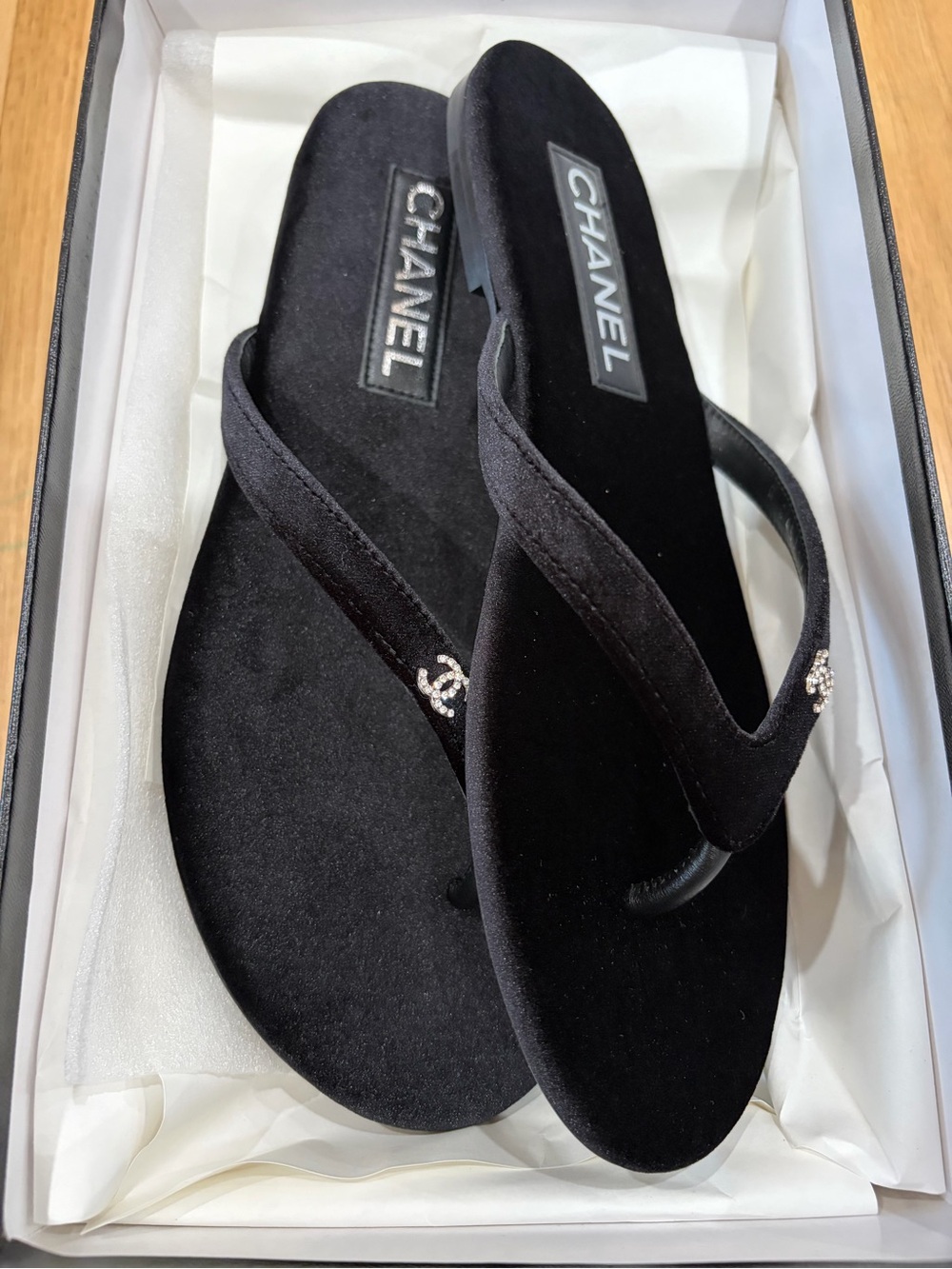 Chanel Black Suede Logo Flip Flops size 38 - Picture 3 of 8